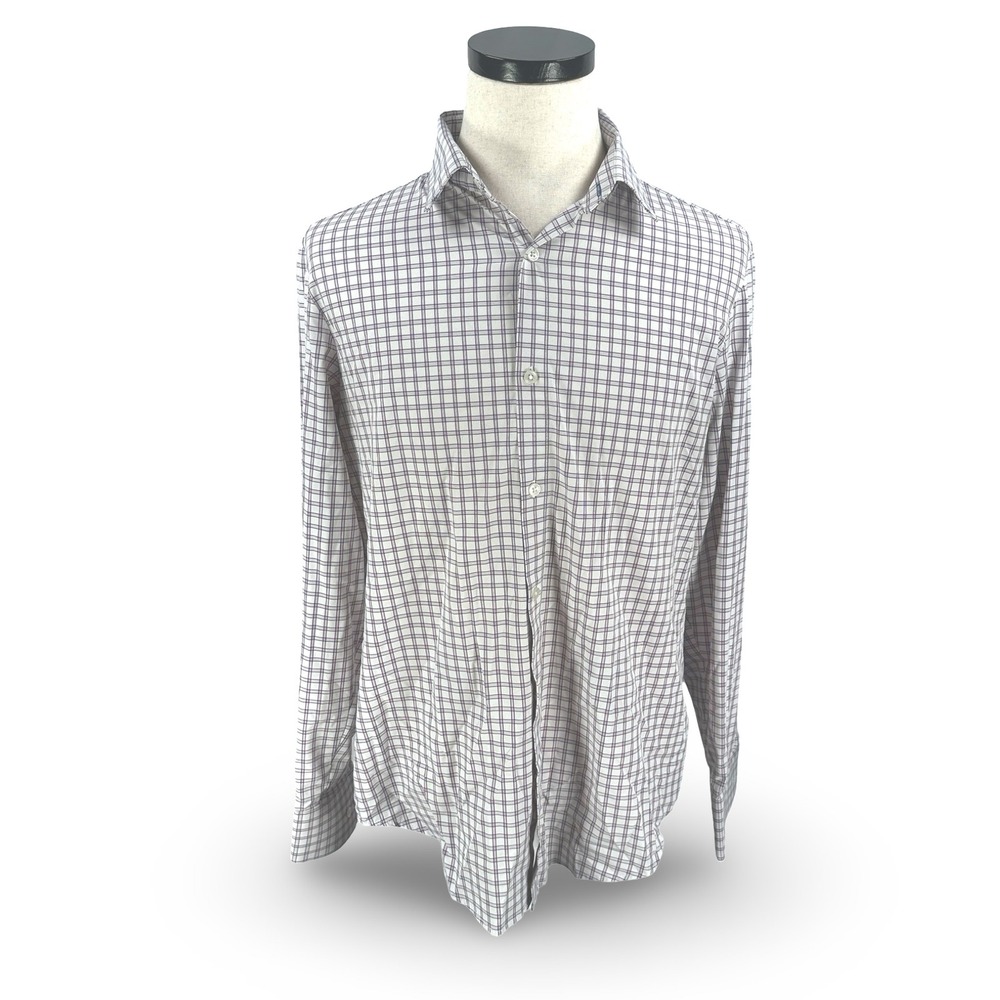 Mizzen + Main Leeward Dress Shirt Mens Large Trim Fit White Blue Red Plaid